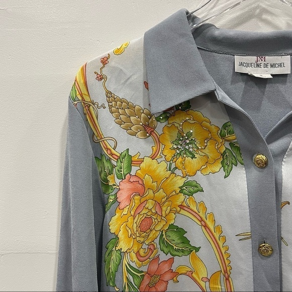 Jacqueline De Michel Shirt Knit Cardigan Set Silk Floral Vintage Small - Picture 8 of 15